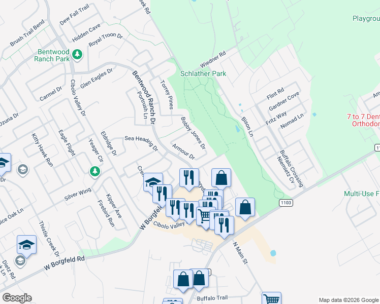 map of restaurants, bars, coffee shops, grocery stores, and more near 914 Armour Drive in Cibolo