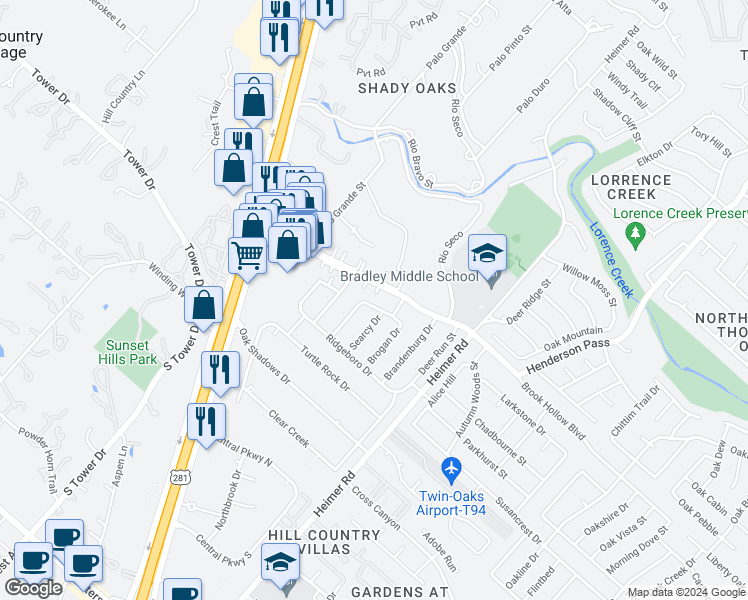 map of restaurants, bars, coffee shops, grocery stores, and more near 14310 Stoddard Drive in San Antonio