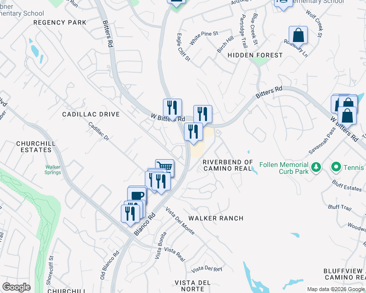 map of restaurants, bars, coffee shops, grocery stores, and more near 14555 Blanco Road in San Antonio