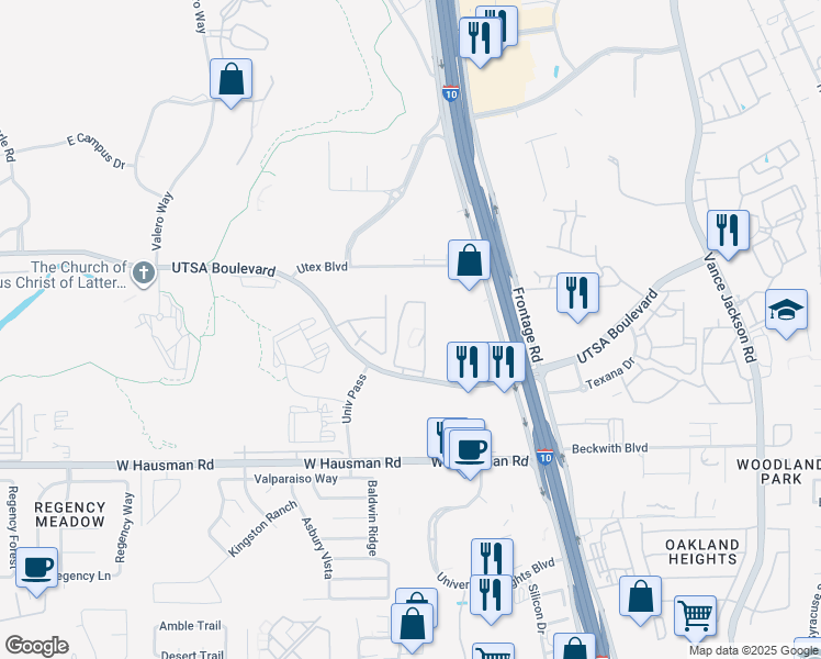 map of restaurants, bars, coffee shops, grocery stores, and more near 5655 UTSA Boulevard in San Antonio