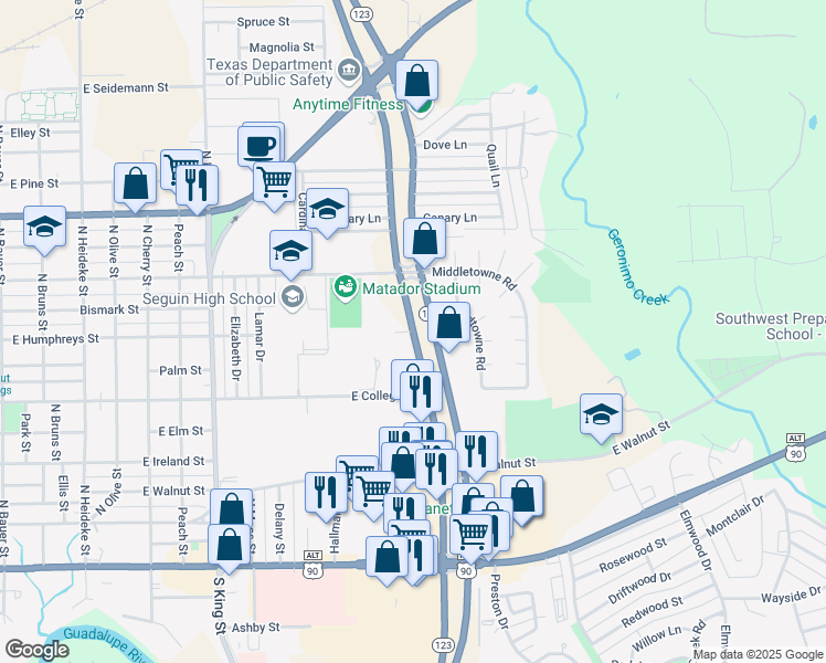 map of restaurants, bars, coffee shops, grocery stores, and more near 900 North Highway 123 Bypass in Seguin