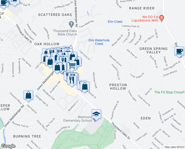 map of restaurants, bars, coffee shops, grocery stores, and more near 3166 Morning Creek in San Antonio