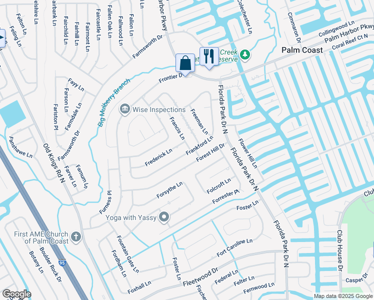map of restaurants, bars, coffee shops, grocery stores, and more near 118 Frankford Lane in Palm Coast