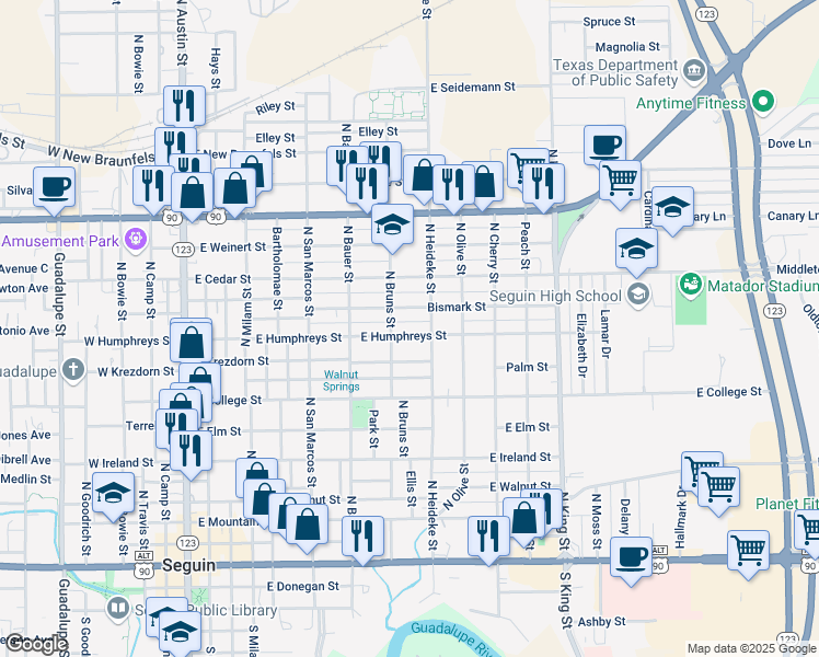 map of restaurants, bars, coffee shops, grocery stores, and more near 814 East Humphreys Street in Seguin