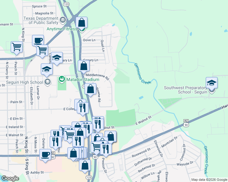 map of restaurants, bars, coffee shops, grocery stores, and more near 301 Cheshire Circle in Seguin