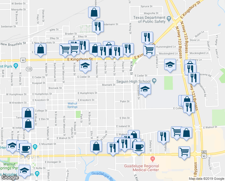 map of restaurants, bars, coffee shops, grocery stores, and more near 970 East Humphreys Street in Seguin