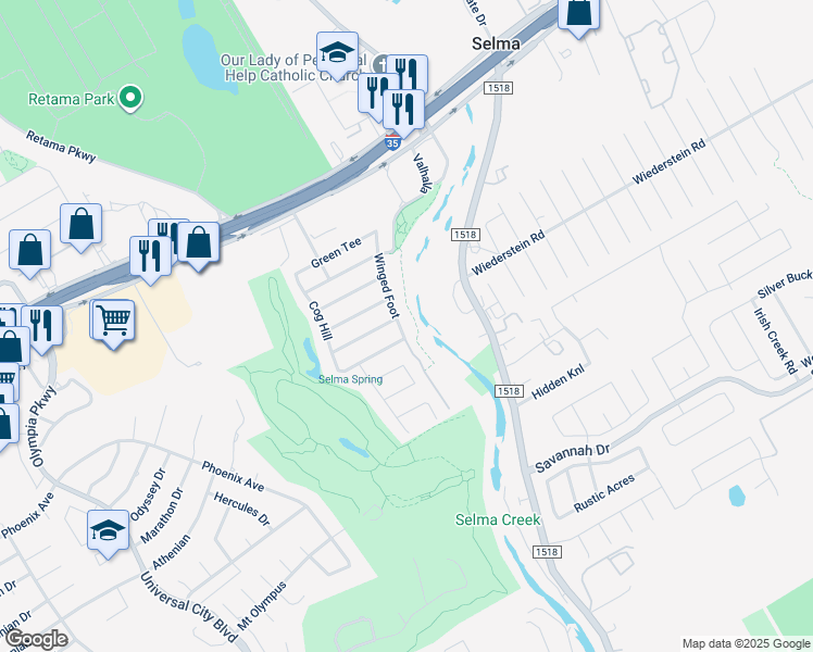 map of restaurants, bars, coffee shops, grocery stores, and more near 15010 Winged Foot in Selma