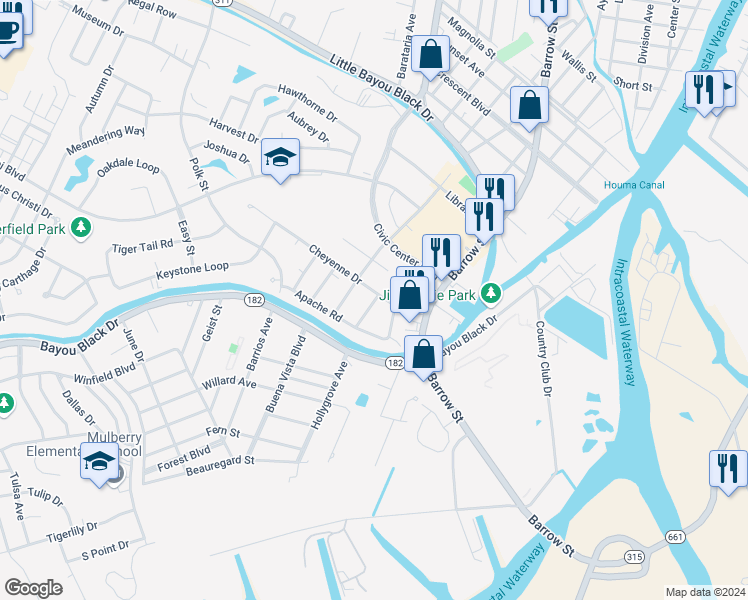 map of restaurants, bars, coffee shops, grocery stores, and more near 209 Seminole Drive in Houma