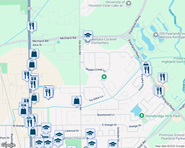 map of restaurants, bars, coffee shops, grocery stores, and more near 1735 Walden Creek Court in Pearland