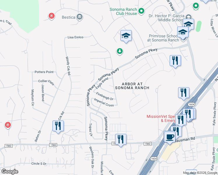 map of restaurants, bars, coffee shops, grocery stores, and more near 8916 Eagle Cove in Helotes