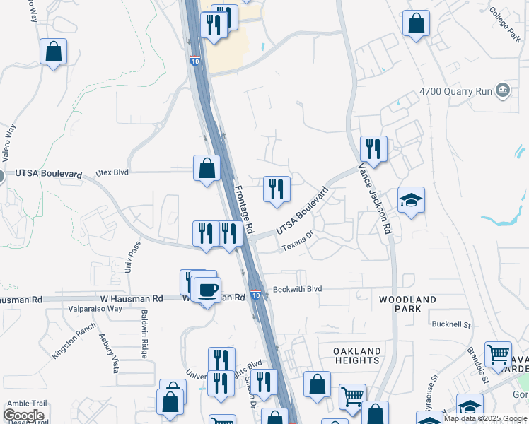 map of restaurants, bars, coffee shops, grocery stores, and more near 13711 Interstate 10 in San Antonio