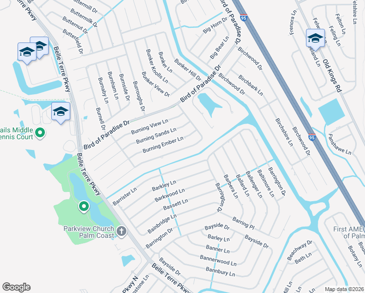 map of restaurants, bars, coffee shops, grocery stores, and more near 49 Burning Bush Drive in Palm Coast