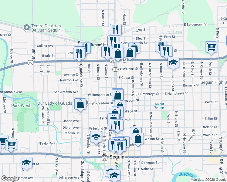map of restaurants, bars, coffee shops, grocery stores, and more near 912 North Austin Street in Seguin