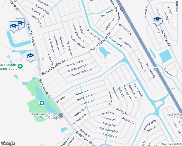 map of restaurants, bars, coffee shops, grocery stores, and more near 49 Burning Bush Dr in Palm Coast