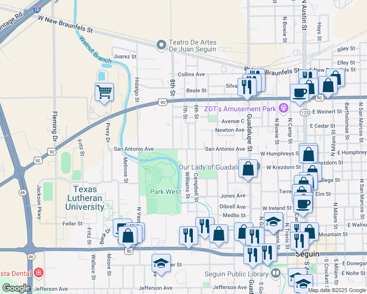 map of restaurants, bars, coffee shops, grocery stores, and more near 806 San Antonio Avenue in Seguin
