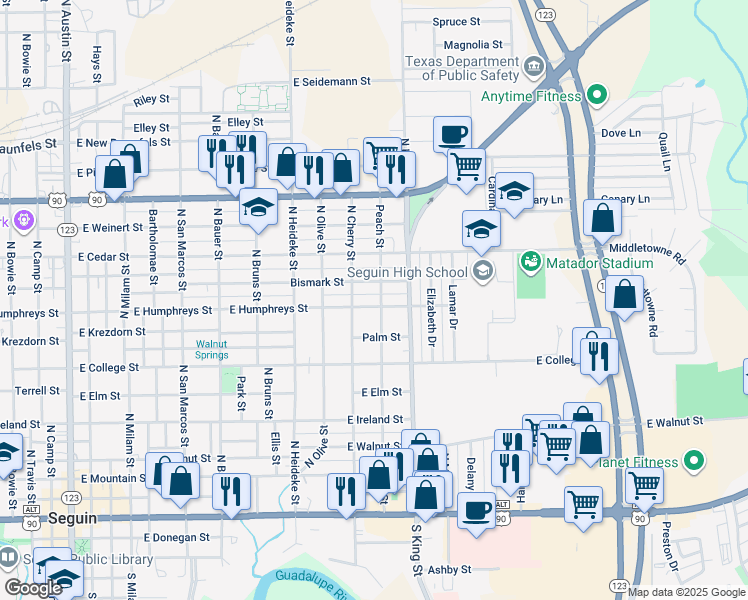 map of restaurants, bars, coffee shops, grocery stores, and more near 1026 East Humphreys Street in Seguin