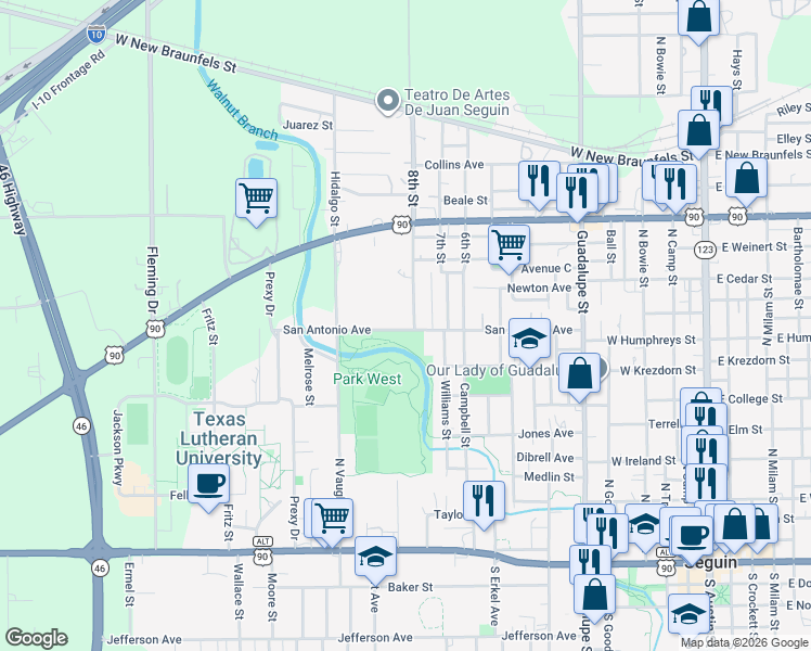 map of restaurants, bars, coffee shops, grocery stores, and more near 914 San Antonio Avenue in Seguin