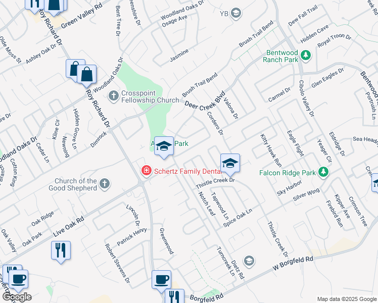 map of restaurants, bars, coffee shops, grocery stores, and more near 229 Fawn Ridge in Cibolo