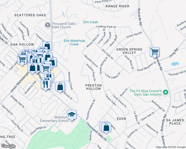 map of restaurants, bars, coffee shops, grocery stores, and more near 15325 Preston Pass Drive in San Antonio