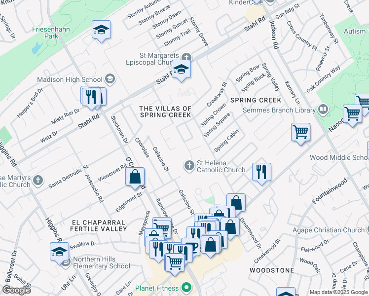 map of restaurants, bars, coffee shops, grocery stores, and more near 15235 Spring Land in San Antonio