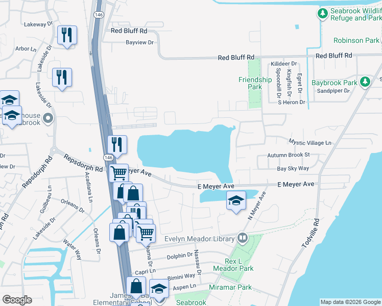 map of restaurants, bars, coffee shops, grocery stores, and more near 1522 Mija Lane in Seabrook