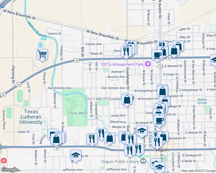 map of restaurants, bars, coffee shops, grocery stores, and more near 702 San Antonio Avenue in Seguin