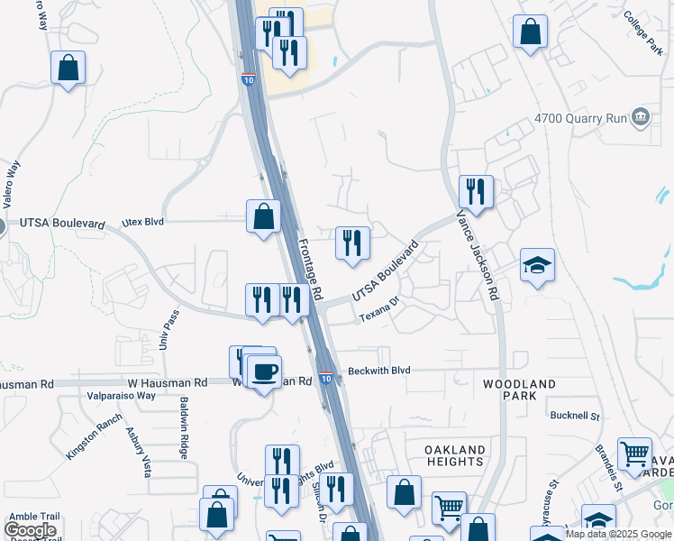 map of restaurants, bars, coffee shops, grocery stores, and more near 13711 Interstate 10 in San Antonio