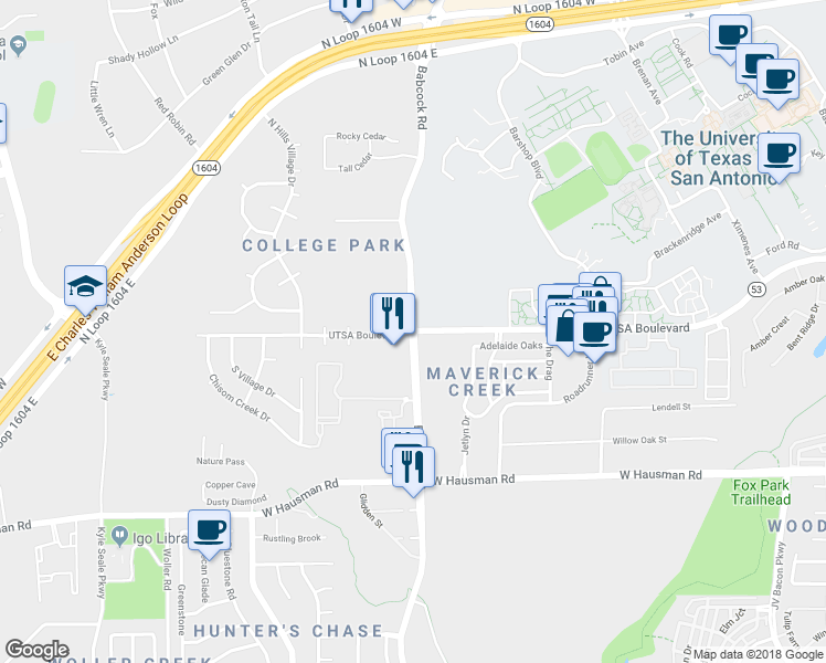map of restaurants, bars, coffee shops, grocery stores, and more near Babcock Rd & Utsa Dr in San Antonio