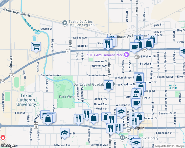 map of restaurants, bars, coffee shops, grocery stores, and more near 702 San Antonio Avenue in Seguin