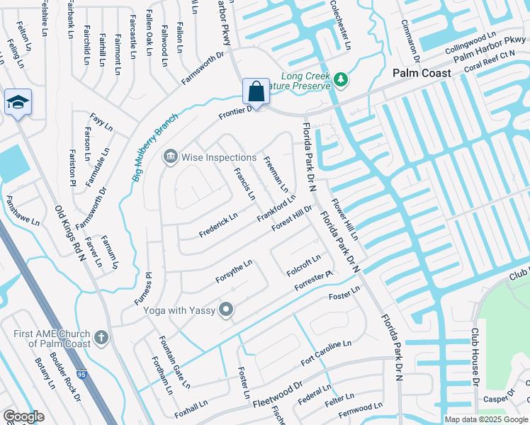 map of restaurants, bars, coffee shops, grocery stores, and more near 118 Frankford Lane in Palm Coast