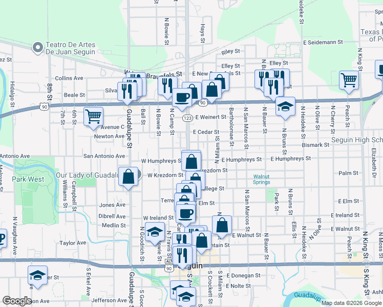 map of restaurants, bars, coffee shops, grocery stores, and more near 912 North Austin Street in Seguin