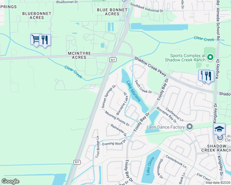 map of restaurants, bars, coffee shops, grocery stores, and more near 1927 Lily Canyon Lane in Pearland