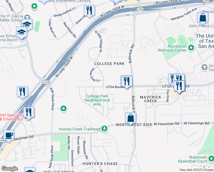 map of restaurants, bars, coffee shops, grocery stores, and more near 7449 UTSA Boulevard in San Antonio