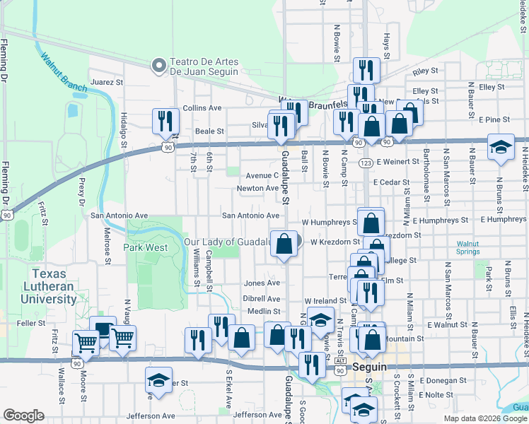 map of restaurants, bars, coffee shops, grocery stores, and more near 602 San Antonio Avenue in Seguin