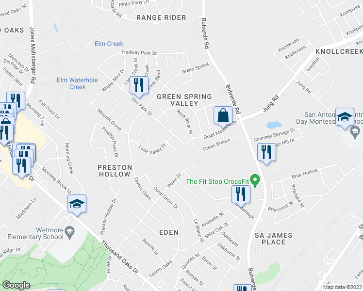 map of restaurants, bars, coffee shops, grocery stores, and more near 14902 Elm Park Street in San Antonio