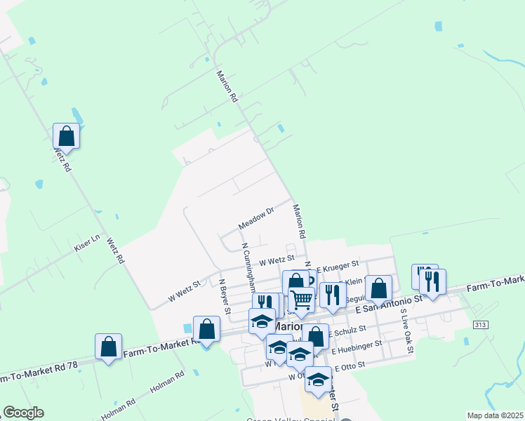 map of restaurants, bars, coffee shops, grocery stores, and more near 217 Meadow Drive in Marion