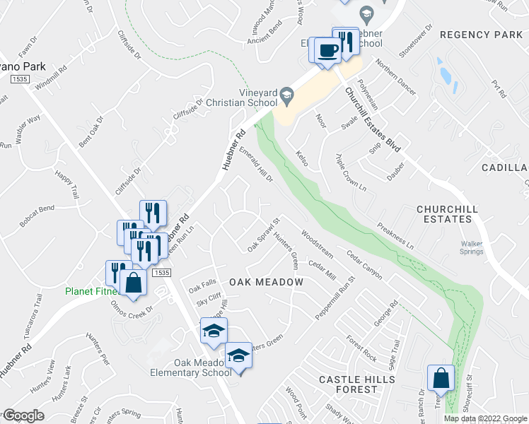 map of restaurants, bars, coffee shops, grocery stores, and more near 3002 Meadow Circle in San Antonio