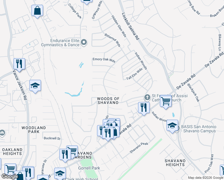 map of restaurants, bars, coffee shops, grocery stores, and more near 4423 Walnut Woods Street in San Antonio