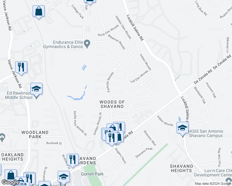 map of restaurants, bars, coffee shops, grocery stores, and more near 4418 Meredith Woods Street in San Antonio