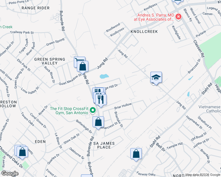 map of restaurants, bars, coffee shops, grocery stores, and more near 3930 Heritage Hill Drive in San Antonio