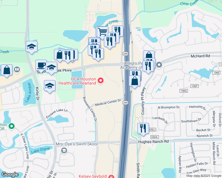 map of restaurants, bars, coffee shops, grocery stores, and more near 10970 Shadow Creek Parkway in Pearland