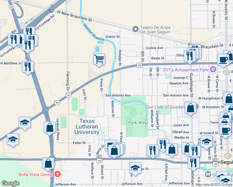 map of restaurants, bars, coffee shops, grocery stores, and more near 958 San Antonio Avenue in Seguin