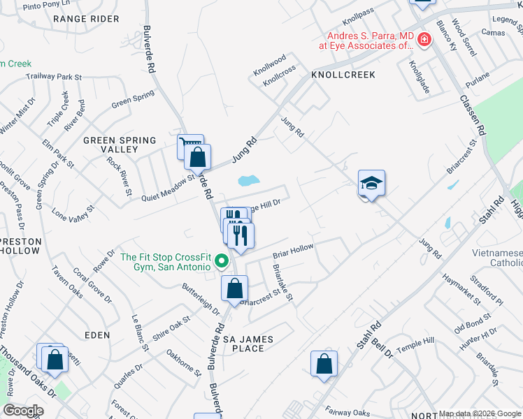 map of restaurants, bars, coffee shops, grocery stores, and more near 3930 Heritage Hill Drive in San Antonio