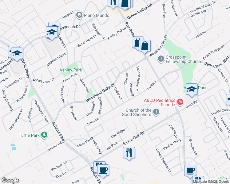 map of restaurants, bars, coffee shops, grocery stores, and more near 2605 Star Light Lane in Schertz