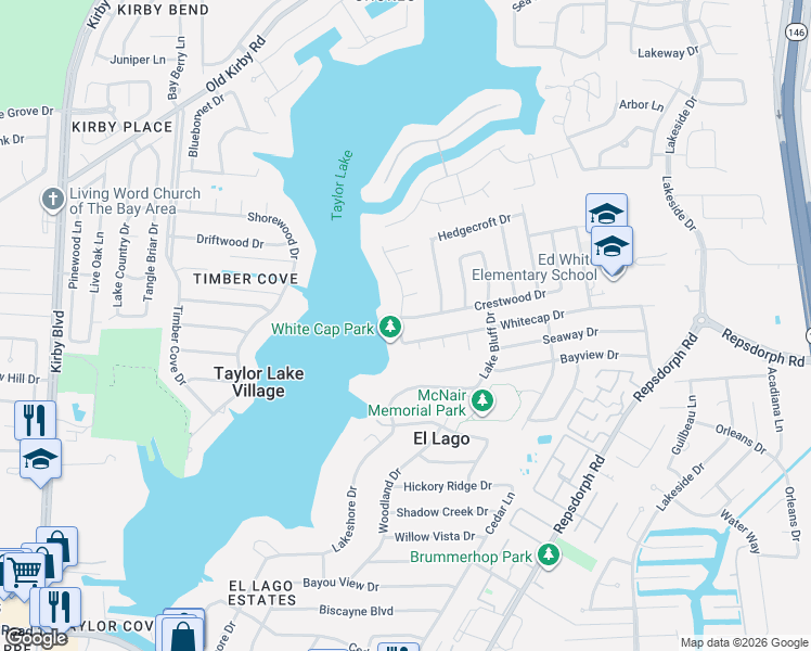 map of restaurants, bars, coffee shops, grocery stores, and more near 302 Crestwood Drive in El Lago