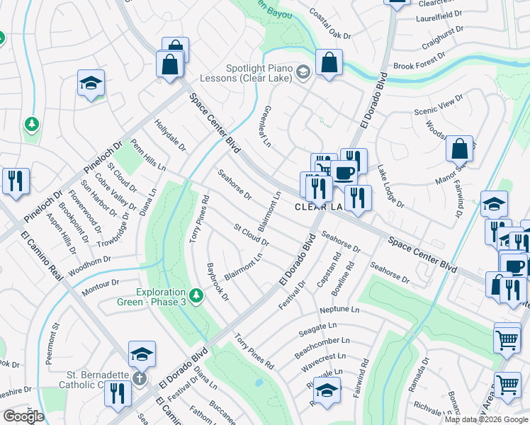 map of restaurants, bars, coffee shops, grocery stores, and more near 15422 Seahorse Drive in Houston