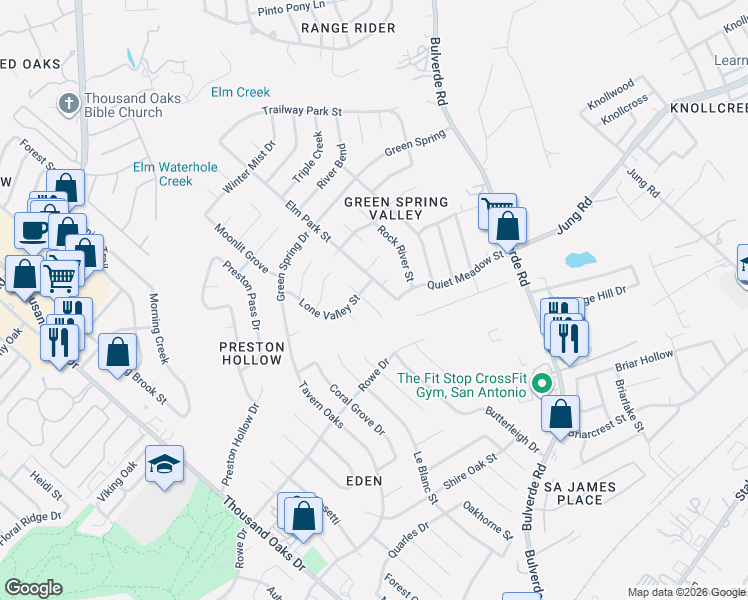 map of restaurants, bars, coffee shops, grocery stores, and more near 14902 Elm Park Street in San Antonio