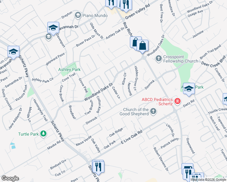 map of restaurants, bars, coffee shops, grocery stores, and more near 2605 Star Light Lane in Schertz