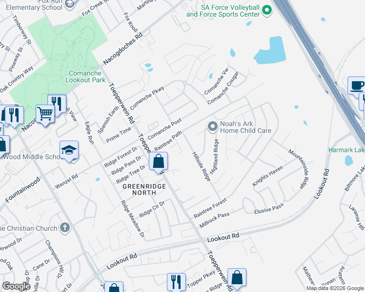 map of restaurants, bars, coffee shops, grocery stores, and more near 6730 Winterpath Drive in San Antonio