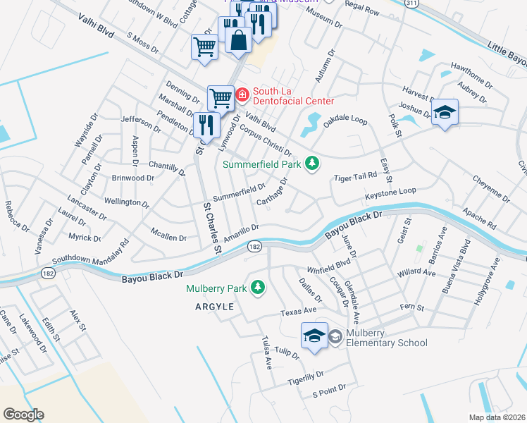 map of restaurants, bars, coffee shops, grocery stores, and more near 1 Freeport Circle in Houma